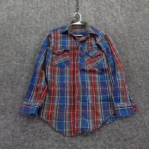 Kingsport Flannel Shirt Mens Medium Blue Plaid Cotton Long Sleeve Vintage Button